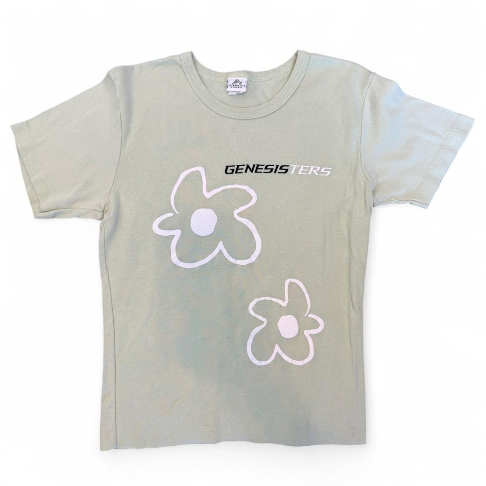 Y2K Light Green Flower Graphic Baby Tee with Raw Hem Line